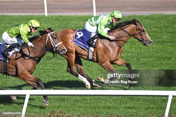 Shesallshenanigans ridden by Blaike McDougall wins the Cap D'Antibes Stakes at Flemington Racecourse on September 16, 2023 in Flemington, Australia.