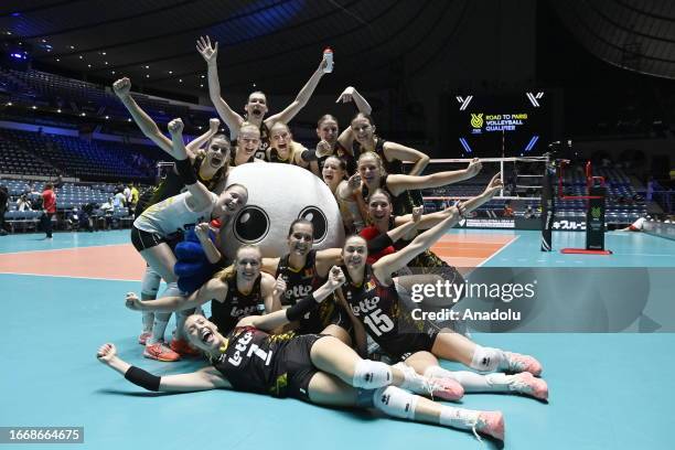 Players of Belgium celebrate after winning the 2023 FIVB Volleyball Women's Olympic Qualification Tournaments match against Bulgaria at Yoyogi...