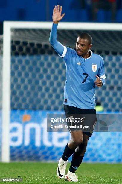 Nicolas de la Cruz of Uruguay celebrates after scoring the first goal of his team during a FIFA World Cup 2026 Qualifier match between Uruguay and...