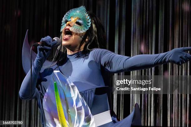 Bjork performs on stage during a concert of her tour "Cornucopia" at The Accor Arena on September 08, 2023 in Paris, France.