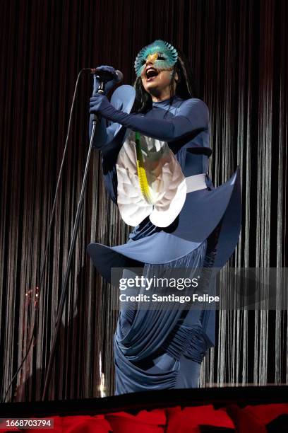 Bjork performs on stage during a concert of her tour "Cornucopia" at The Accor Arena on September 08, 2023 in Paris, France.