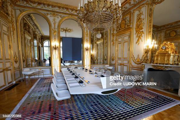 This photograph taken on September 16, 2023 shows the cabinet meeting room at the Elysee Palace, which is open for the public during the 'European...