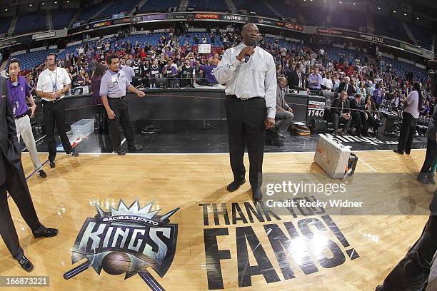Keith Smart, head coach of the Sacramento Kings addresses the fans after the game against the Los Angeles Clippers on April 17, 2013 at Sleep Train...