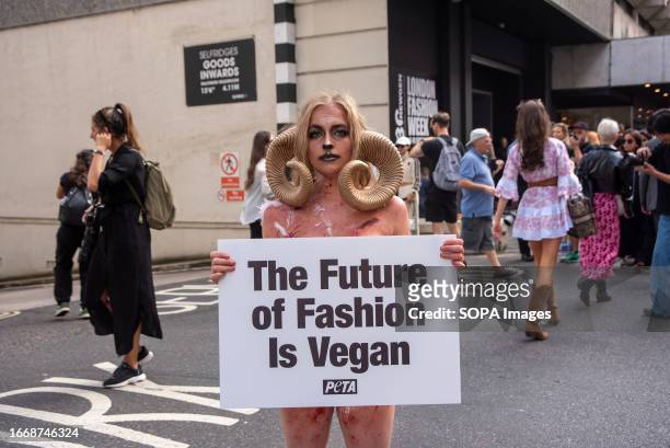 Nearly naked woman of the People for the Ethical Treatment of Animals protester dressed as a sheep holds a placard expressing her opinion outside the...