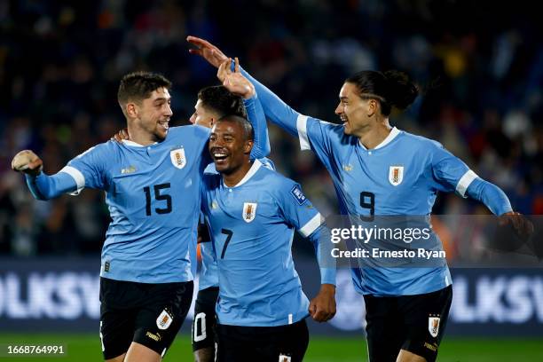 Nicolas de la Cruz of Uruguay celebrates with teammates after scoring the third goal of their team during a FIFA World Cup 2026 Qualifier match...