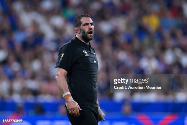 Samuel Whitelock of New Zealand looks on during the Rugby World Cup France 2023 match between France and New Zealand at Stade de France on September...