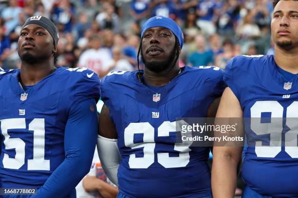 Rakeem Nunez-Roches of the New York Giants looks on during the national anthem against the Carolina Panthers prior to the game at MetLife Stadium on...