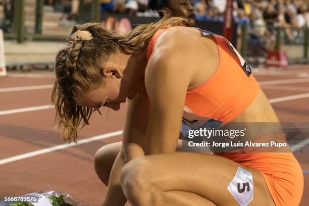 Femke Bol of The Netherlands competes in the 400m hurdles women during the AG Memorial Van Damme Diamond League meeting at King Baudouin Stadium on...