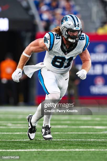 Hayden Hurst of the Carolina Panthers runs a route against the New York Giants during the first half at MetLife Stadium on Friday, August 18 in East...