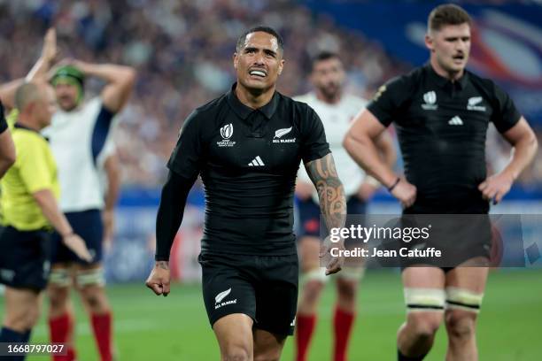 Aaron Smith of New Zealand looks on during the Rugby World Cup France 2023 match between France and New Zealand at Stade de France on September 8,...