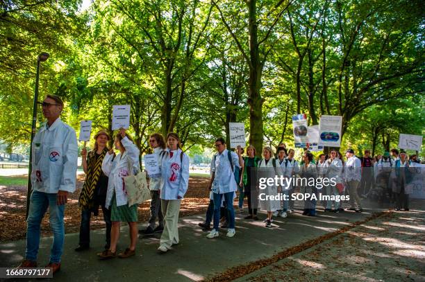 Scientists are marching in line while holding placards about climate change. Several climate organizations organized a school strike against fossil...