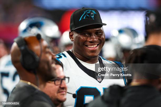 Derrick Brown of the Carolina Panthers looks on from the sideline against the New York Giants during the second half at MetLife Stadium on Friday,...