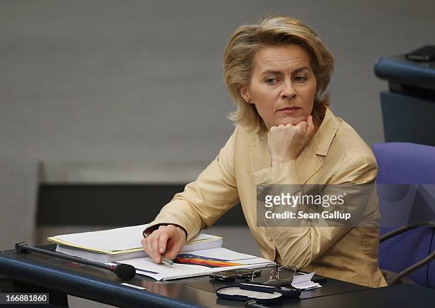 German Minister of Work and Social Issues Ursula von der Leyen attends sits in the Bundestag prior to debates over quotas for women in management...