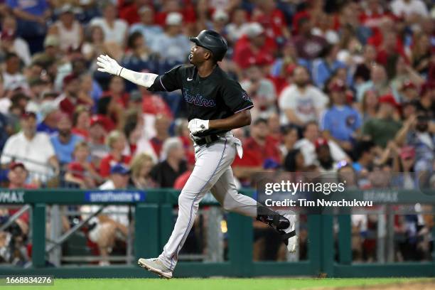 Jesus Sanchez of the Miami Marlins rounds bases after hitting a two run home run during the sixth inning against the Philadelphia Phillies at...