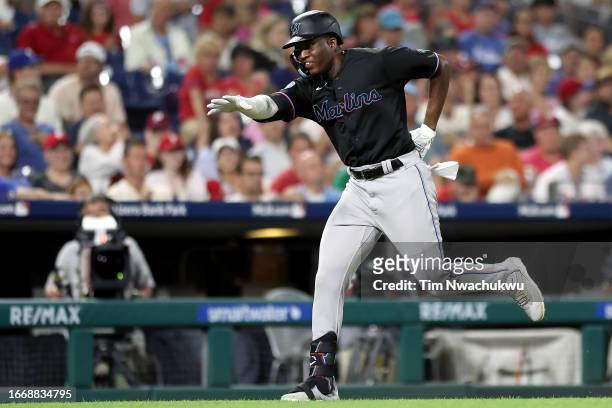 Jesus Sanchez of the Miami Marlins rounds bases after hitting a two run home run during the sixth inning against the Philadelphia Phillies at...