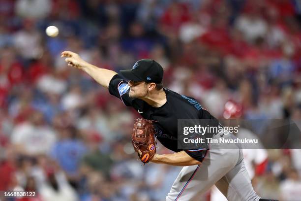 David Robertson of the Miami Marlins pitches during the sixth inning against the Philadelphia Phillies at Citizens Bank Park on September 08, 2023 in...