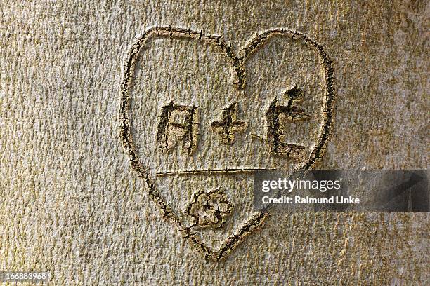 heart and initials - relief carving stock-fotos und bilder