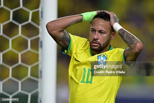 Neymar Jr. Of Brazil reacts during a FIFA World Cup 2026 Qualifier match between Brazil and Bolivia at Mangueirao on September 08, 2023 in Belem,...