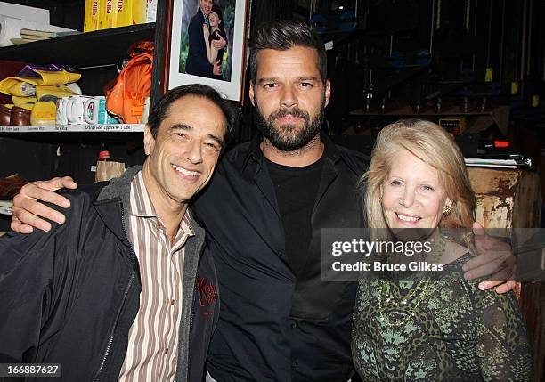 Producer Hal Luftig, Ricky Martin and Producer Daryl Roth pose backstage at the hit musical "Kinky Boots" on Broadway at The Al Hirshfeld Theater on...