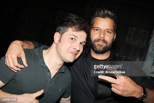 Stephen Oremus and Ricky Martin pose backstage at the hit musical "Kinky Boots" on Broadway at The Al Hirshfeld Theater on April 17, 2013 in New York...