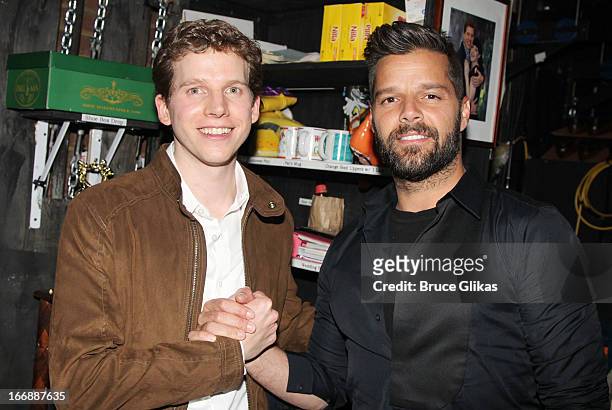 Stark Sands as "Charlie" and Ricky Martin pose backstage at the hit musical "Kinky Boots" on Broadway at The Al Hirshfeld Theater on April 17, 2013...