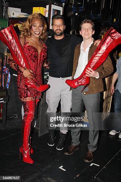 Billy Porter as "Lola", Ricky Martin and Stark Sands as "Charlie" pose backstage at the hit musical "Kinky Boots" on Broadway at The Al Hirshfeld...