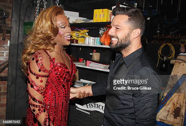 Billy Porter as "Lola" and Ricky Martin backstage at the hit musical "Kinky Boots" on Broadway at The Al Hirshfeld Theater on April 17, 2013 in New...