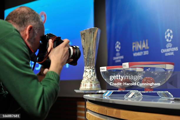 The UEFA Europa League trophy and draw balls are diplayed during the UEFA Europa League semi-final and final draw at the UEFA headquarters on April...