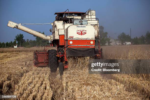 Wheat is harvested with a Punjab Tractors Ltd. Swaraj 8100 combine harvester in the district of Jalandhar in Punjab, India, on Monday, April 15,...