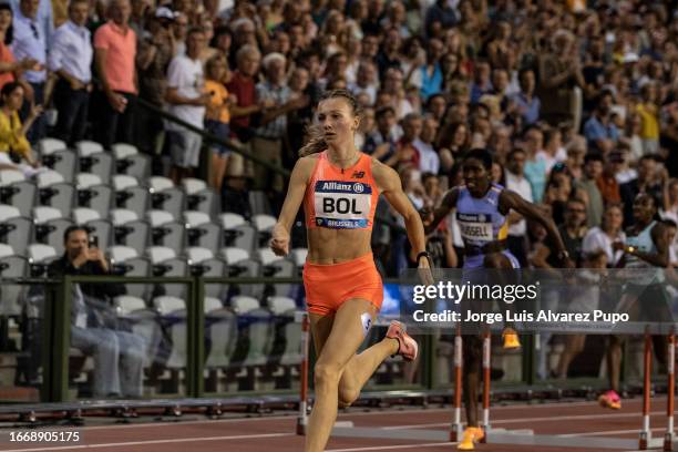 Femke Bol of The Netherlands competes in the 400m hurdles women during the AG Memorial Van Damme Diamond League meeting at King Baudouin Stadium on...