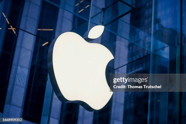 The Logo of Apple lights up on a building on September 16, 2023 in New York City, United States.