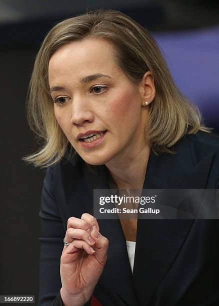 German Family Minister Kristina Schroeder speaks during debates in the Bundestag over quotas for women in management positions at German corporations...