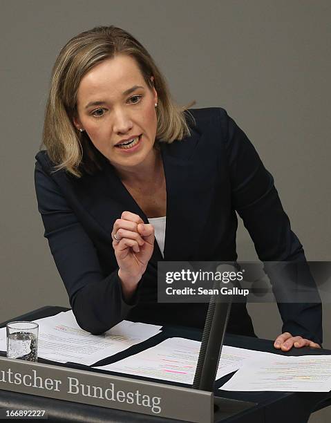 German Family Minister Kristina Schroeder speaks during debates in the Bundestag over quotas for women in management positions at German corporations...