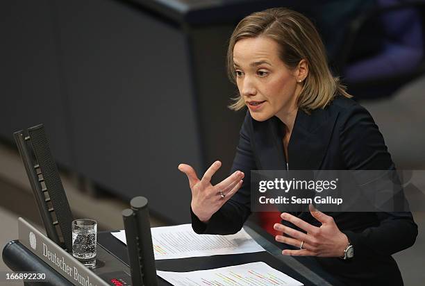 German Family Minister Kristina Schroeder speaks during debates in the Bundestag over quotas for women in management positions at German corporations...