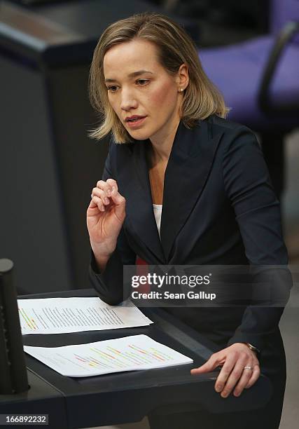 German Family Minister Kristina Schroeder speaks during debates in the Bundestag over quotas for women in management positions at German corporations...