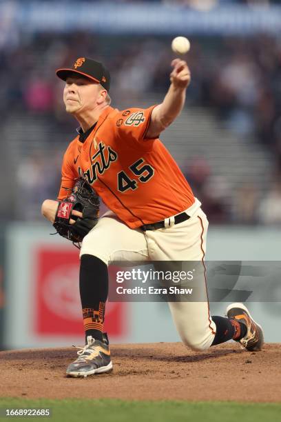 Kyle Harrison of the San Francisco Giants pitches against the Colorado Rockies in the first inning at Oracle Park on September 08, 2023 in San...