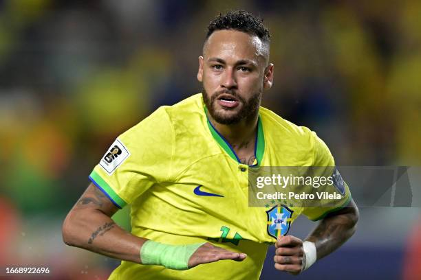 Neymar Jr. Of Brazil celebrates after scoring the fourth goal of his team during a FIFA World Cup 2026 Qualifier match between Brazil and Bolivia at...