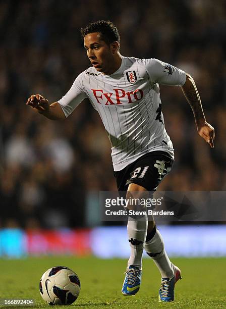 Kerim Frei of Fulham in action during the Barclays Premier League match between Fulham and Chelsea at Craven Cottage on April 17, 2013 in London,...