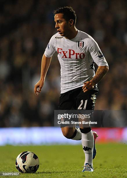 Kerim Frei of Fulham in action during the Barclays Premier League match between Fulham and Chelsea at Craven Cottage on April 17, 2013 in London,...