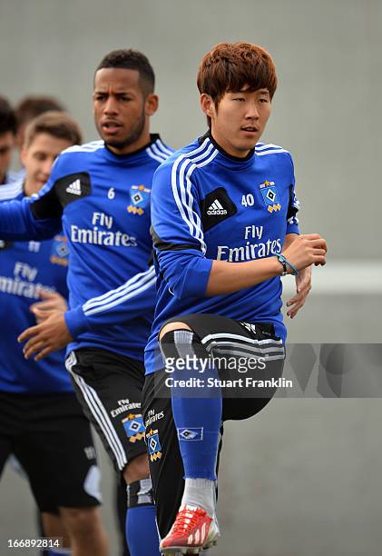 Heung Min Son of Hamburg in action during a training session of Hamburger SV on April 18, 2013 in Hamburg, Germany.