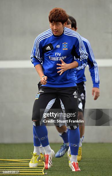 Heung Min Son of Hamburg in action during a training session of Hamburger SV on April 18, 2013 in Hamburg, Germany.