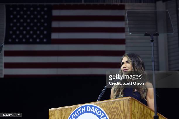 South Dakota Governor Kristi Noem speaks at the Monument Leaders Rally hosted by the South Dakota Republican Party before introducing former...