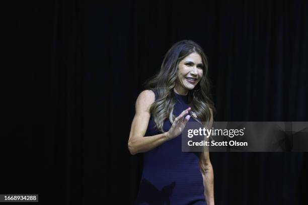 South Dakota Governor Kristi Noem arrives at the Monument Leaders Rally hosted by the South Dakota Republican Party before introducing former...