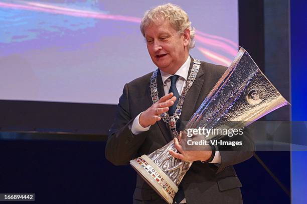 Burgermeester Eberhard van der Laan during the UEFA Europa League trophy handover ceremony on April 18, 2013 at Amsterdam, The Netherlands.