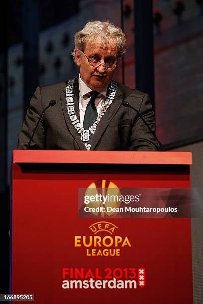 Eberhard E. Van der Laan, Mayor of Amsterdam speaks to the media and guests during the UEFA Europa League trophy handover ceremony at Beurs van...