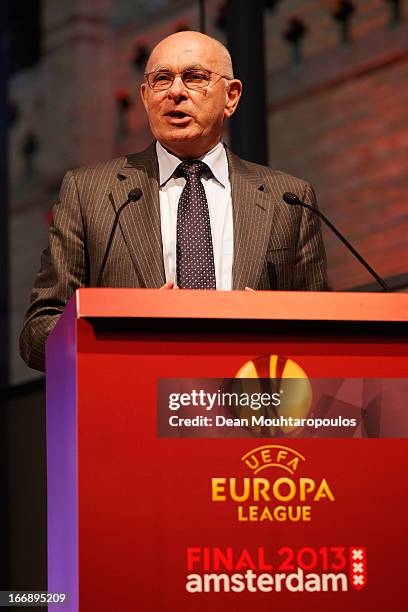 Michael van Praag, KNVB President speaks to the media and guests during the UEFA Europa League trophy handover ceremony at Beurs van Berlage on April...