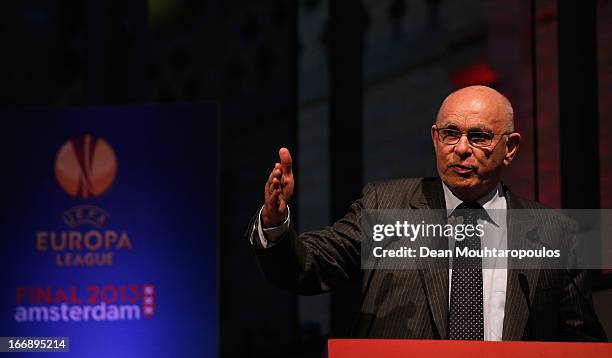 Michael van Praag, KNVB President speaks to the media and guests during the UEFA Europa League trophy handover ceremony at Beurs van Berlage on April...