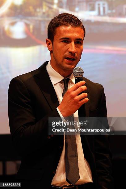 Athletico Madrid player, Gabi speaks to the media and guests during the UEFA Europa League trophy handover ceremony at Beurs van Berlage on April 18,...