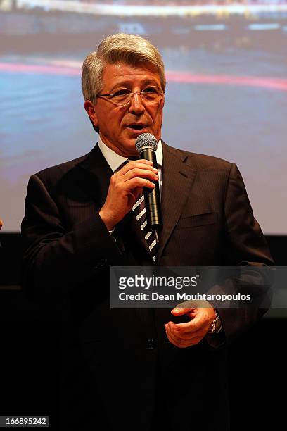 Enrique Cerezo, Athletico Madrid President speaks to the media and guests during the UEFA Europa League trophy handover ceremony at Beurs van Berlage...