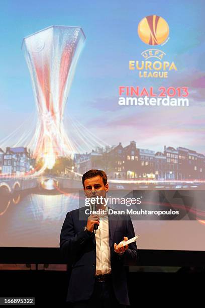 Master of Ceremony, Wilfred Genee speaks during the UEFA Europa League trophy handover ceremony at Beurs van Berlage on April 18, 2013 in Amsterdam,...